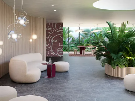 Modern Lobby with Heavy Commercial Luxury Vinyl Tile Flooring in Hospitality or Workplace Setting Eon in Obsidian