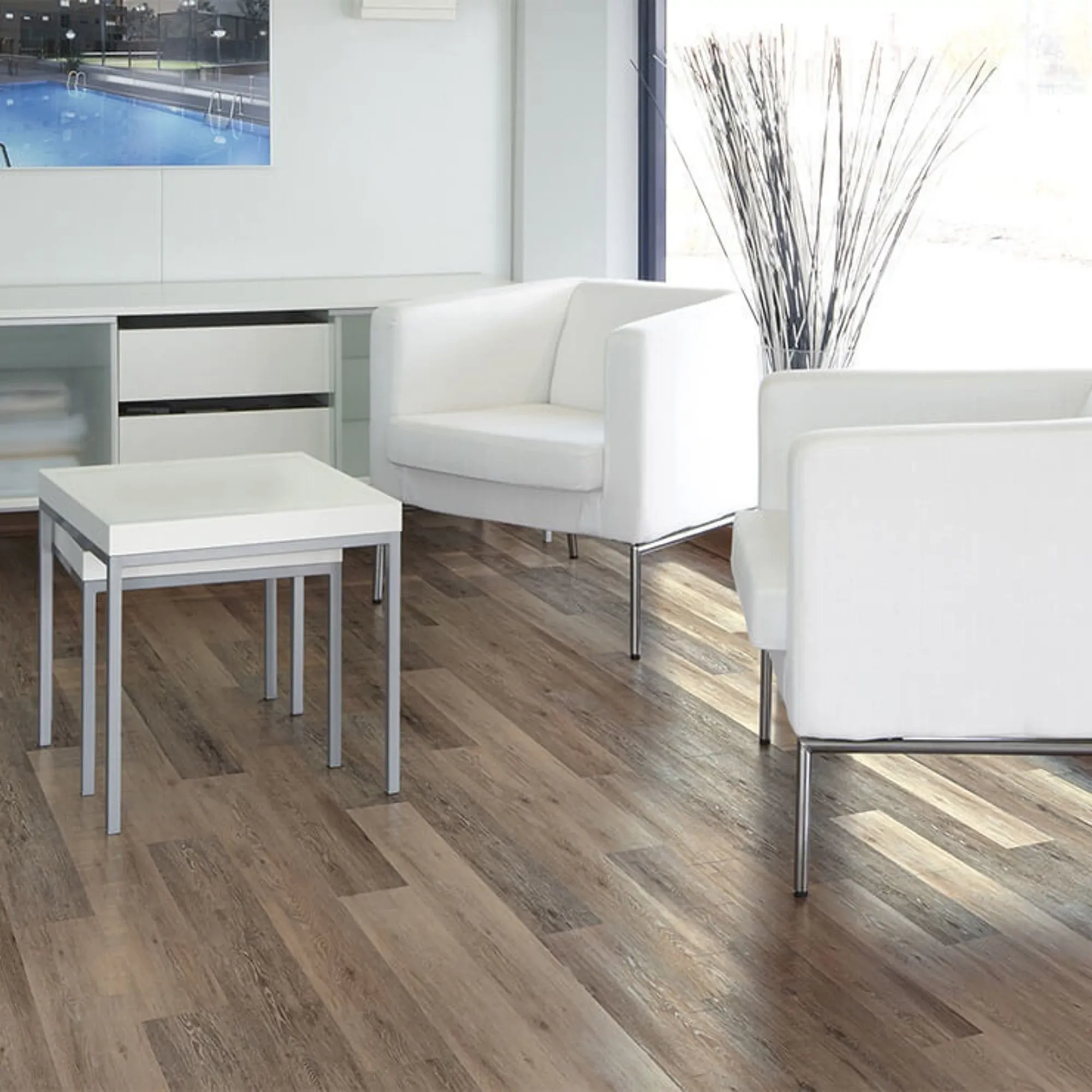 COREtec multilayer WPC flooring with attached cork underlayment in a modern living room
