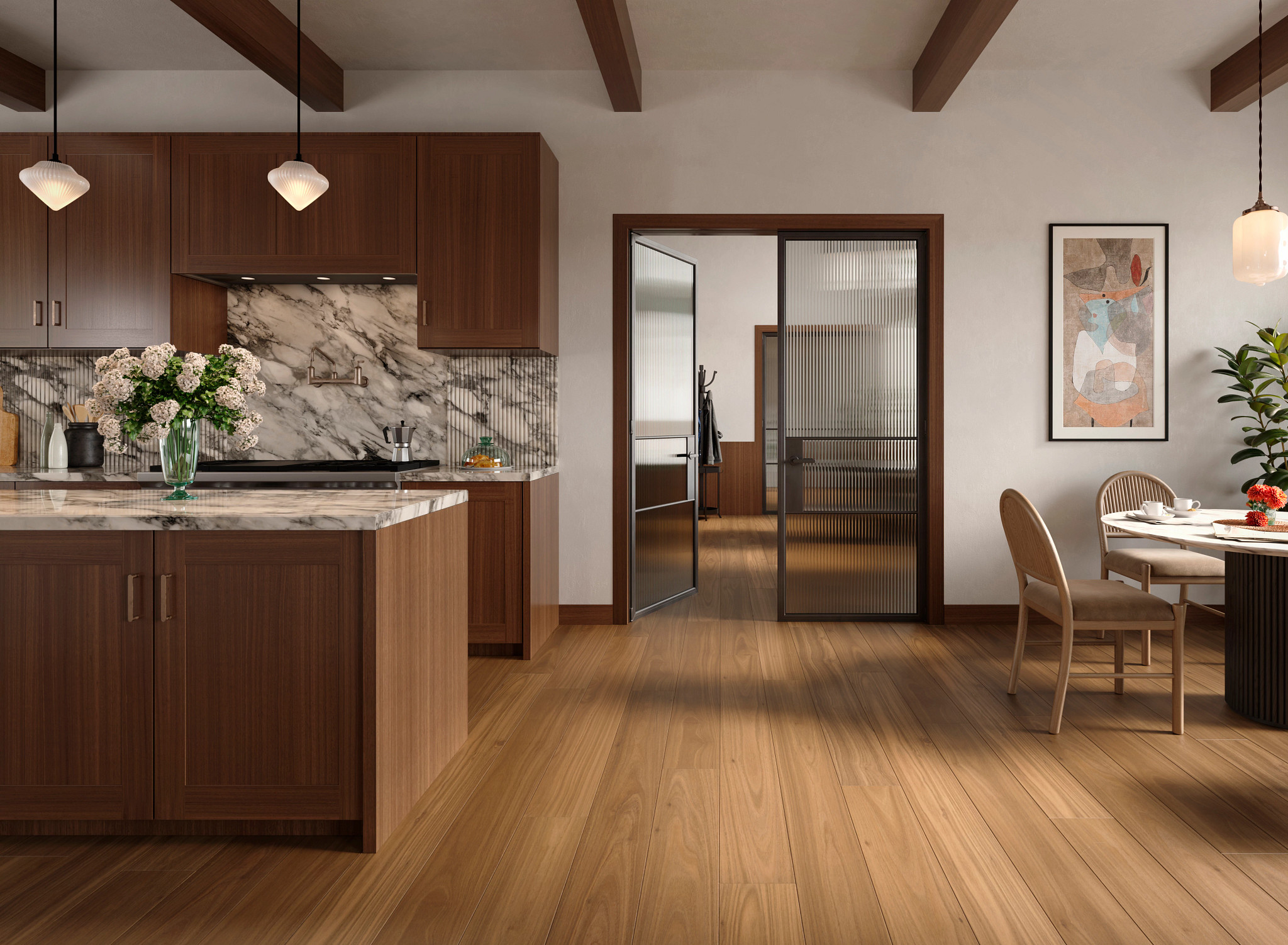 Kitchen and Dining room with hardwood flooring