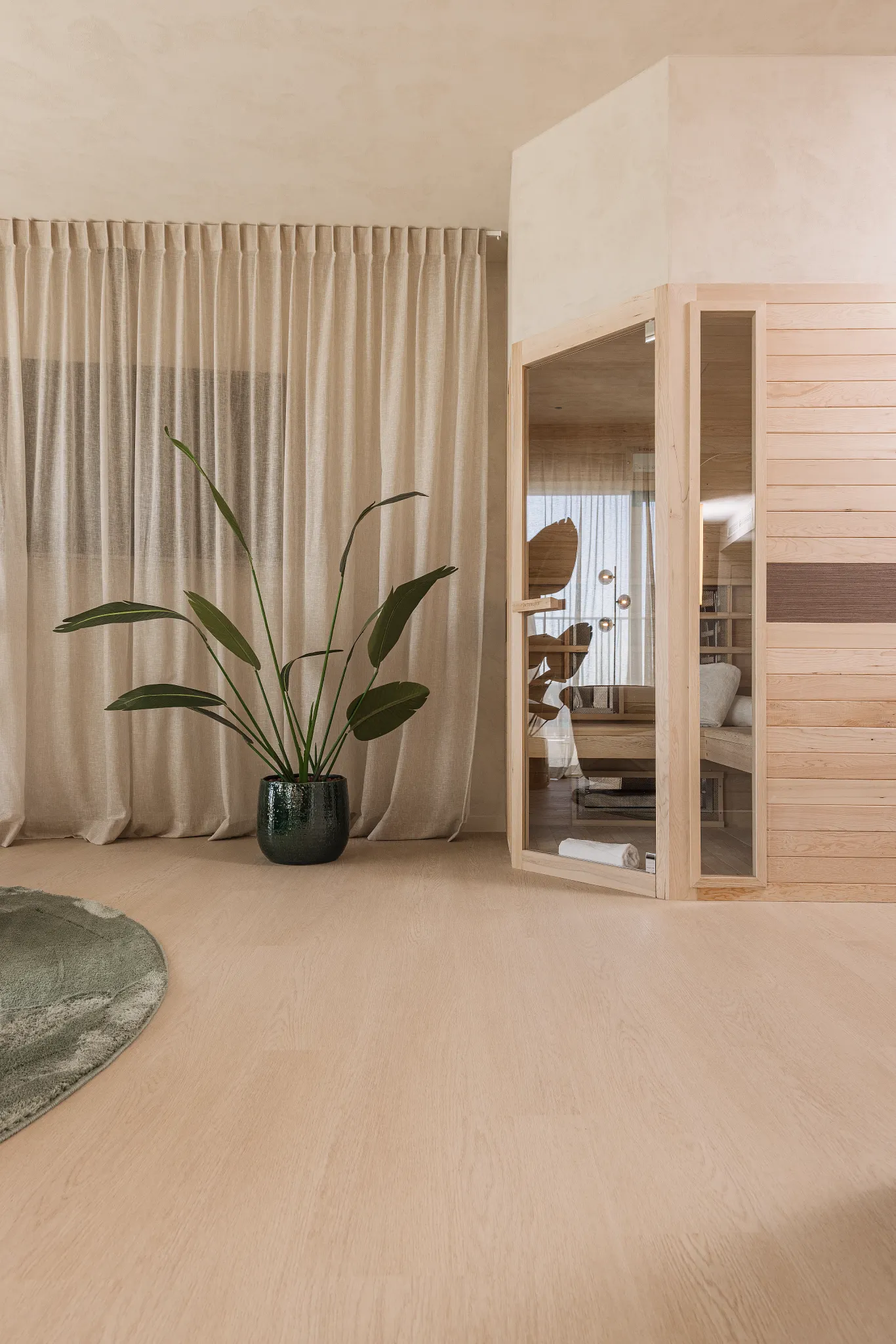 Sauna in room with wooden Coretec floor