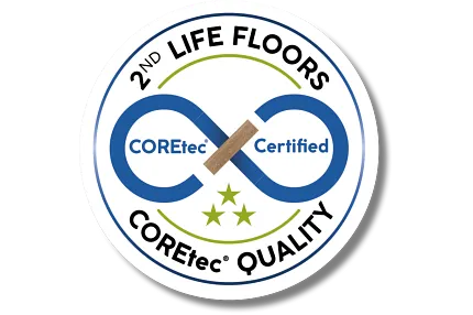 COREtec Certified Quality Flooring Logo COREtec Certified 2nd Life Floors logo with infinity symbol and green stars
