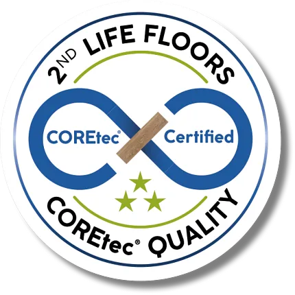 COREtec Certified Quality Flooring Logo COREtec Certified 2nd Life Floors logo with infinity symbol and green stars