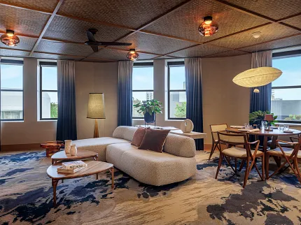 Stylish carpet for contemporary interiors Modern living room with abstract carpet design