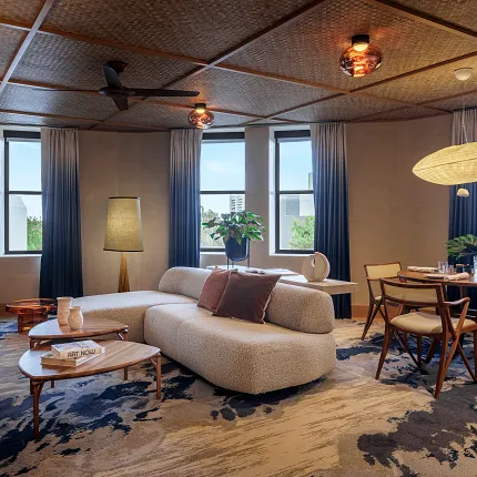 Stylish carpet for contemporary interiors Modern living room with abstract carpet design