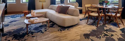 Stylish carpet for contemporary interiors Modern living room with abstract carpet design