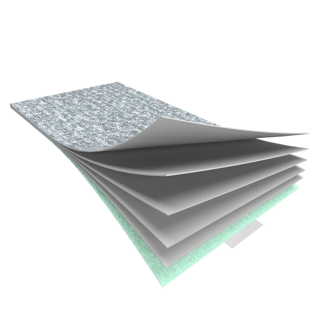 Multi-layered flooring swatch with a textured gray top layer