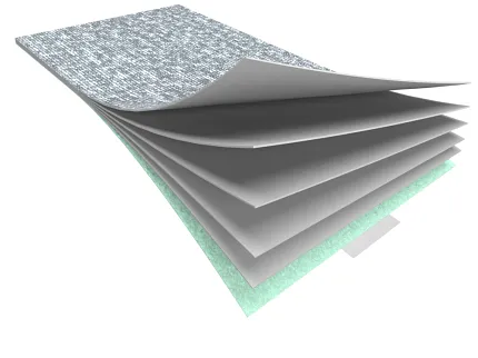 Multi-layered Flooring Swatch with Textured Gray Top Layer Multi-layered flooring swatch with a textured gray top layer