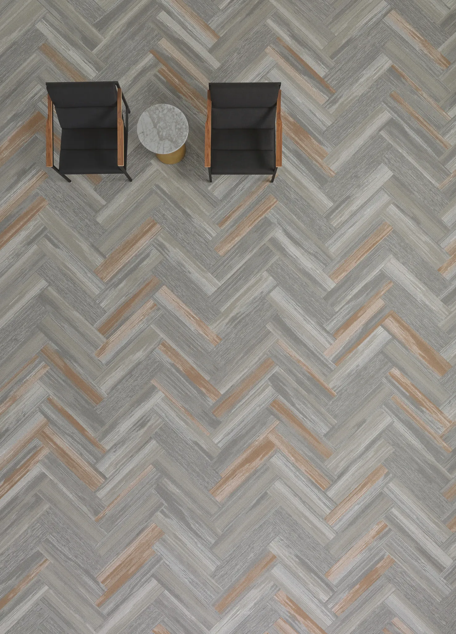 Herringbone Pattern Flooring with Black Chairs and Marble Table
