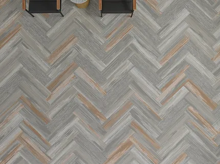 Herringbone Pattern Flooring with Black Chairs and Marble Table Relief in Past and Uncover in Pewter + Weathered Birch
