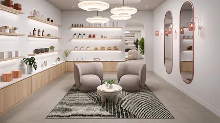 Retail space with Rigid Core flooring in light gray, 23.46x11.73 inch tiles, modern interior design Basis in Formation and Join in Smoke