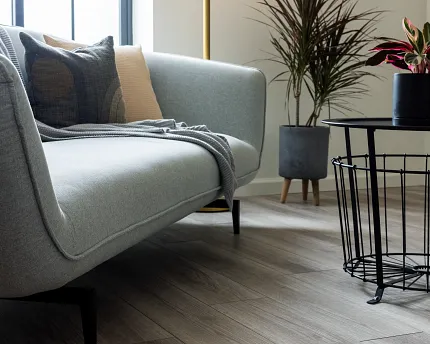 Light Wood Look LVP Flooring with Pet Accessories - Durable and Waterproof Light wood look luxury vinyl plank flooring with pet food bowls and toys scattered