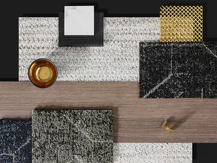 Commercial Carpet Tile Swatch with Wood Plank and Accessories Swatch of commercial carpet tiles in blue, grey, and black with a wood plank and decorative items