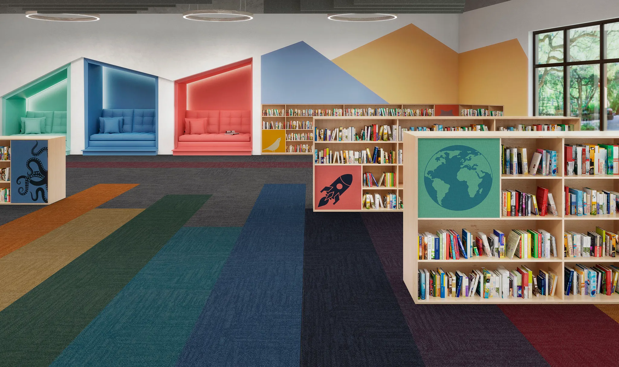 Colorful carpet tiles in a vibrant library setting