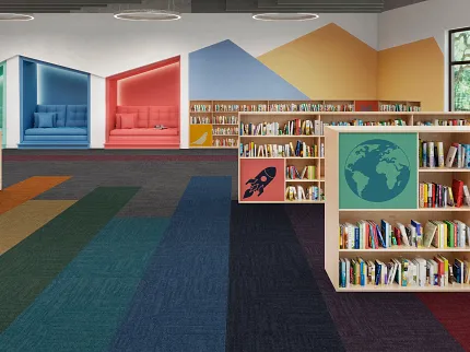 Dynamic carpet flooring for educational spaces Colorful carpet tiles in a vibrant library setting