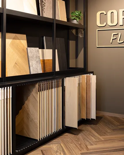 Luxury Vinyl Flooring Samples Display - Wood and Stone Look Finishes Display of various luxury vinyl flooring samples in wood and stone look finishes