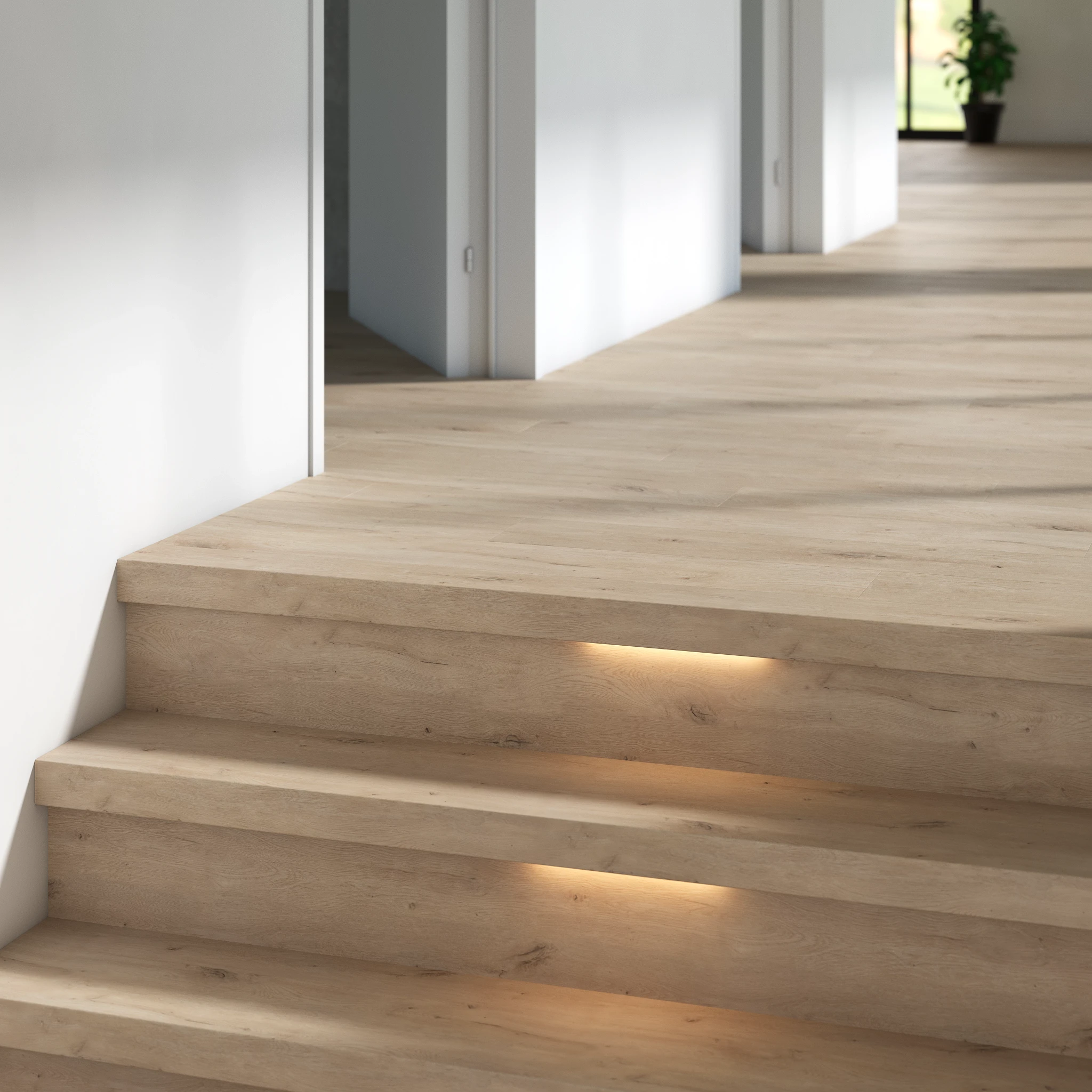 Modern residential hallway with light oak wood look luxury vinyl plank flooring and illuminated steps