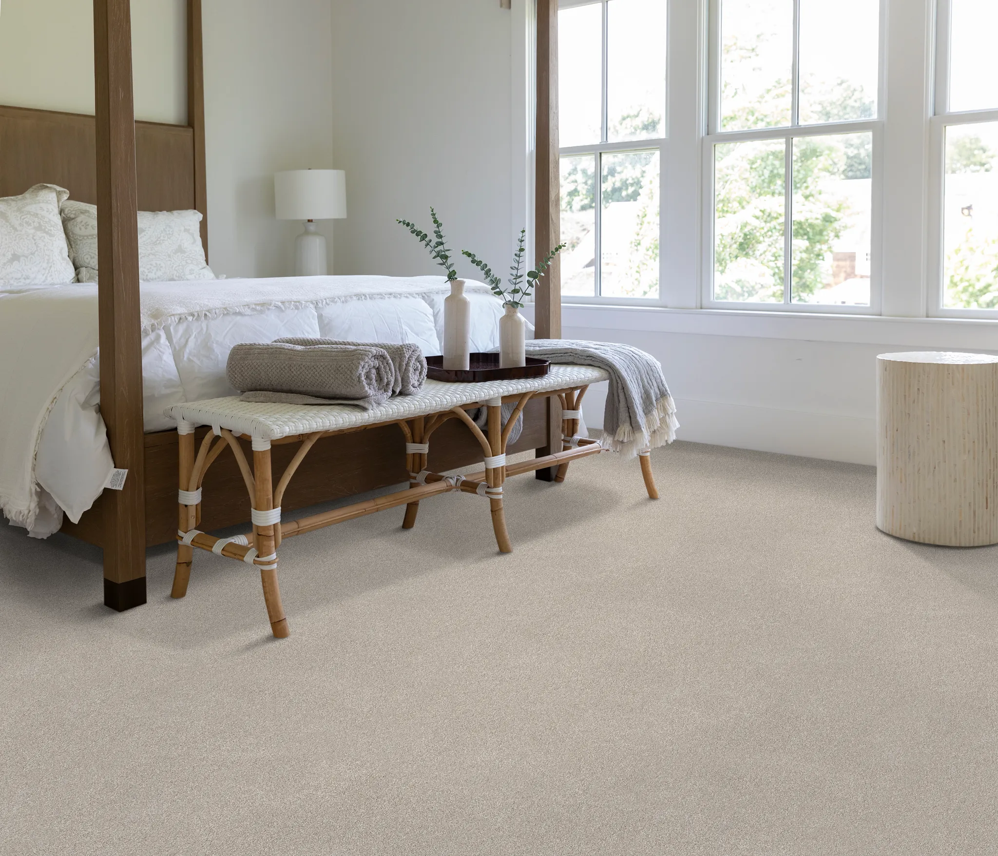 Cozy bedroom with neutral carpet flooring