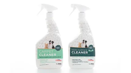Shaw Floors Carpet and Hard Surface Cleaners - Pet-Friendly Cleaning Solutions. Two bottles of Shaw Floors cleaning products, one for carpet and one for hard surfaces, featuring pet-friendly labels.