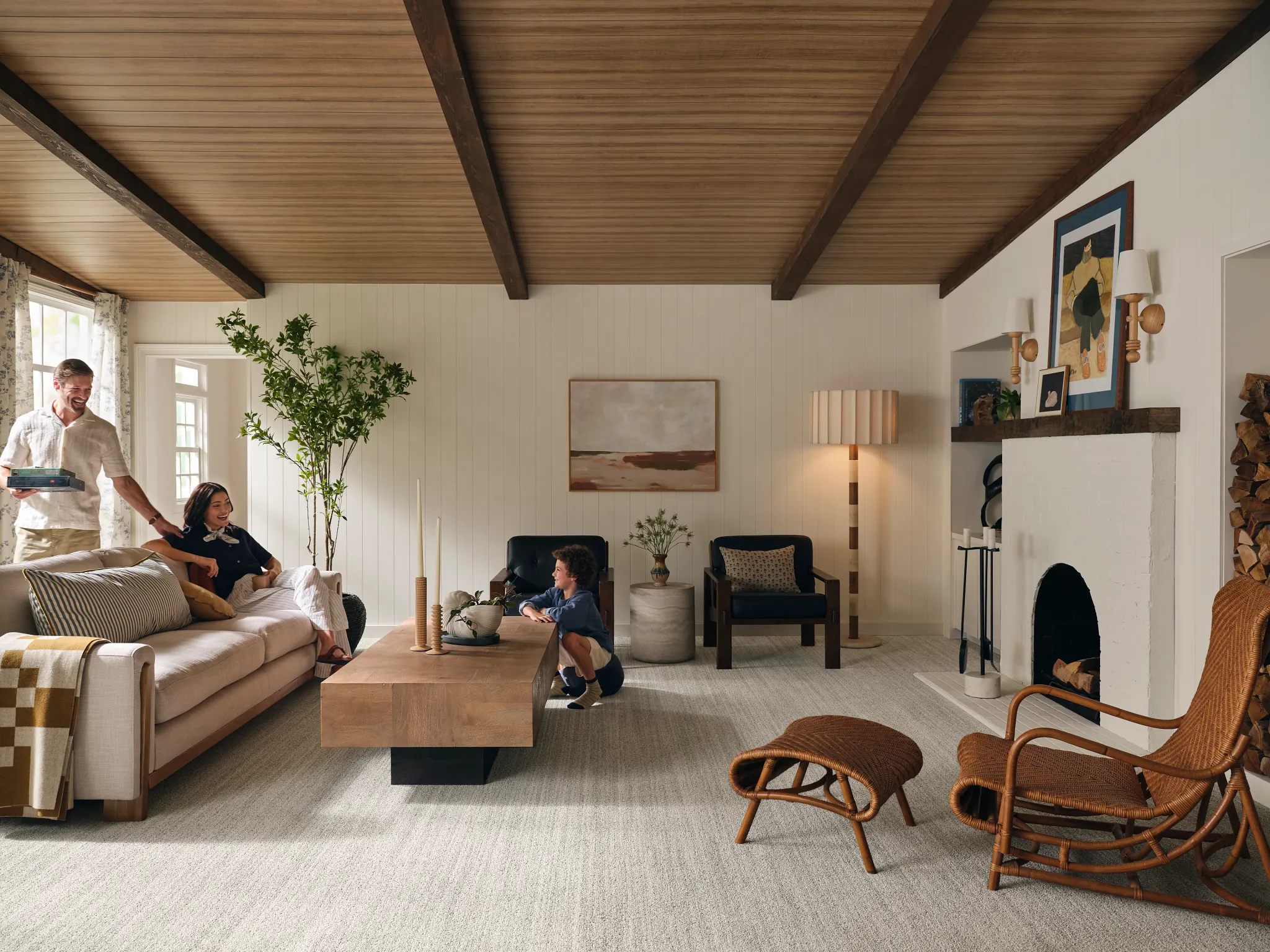 Modern dining room with wooden table and chairs on 100% wool carpet