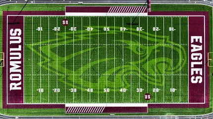Romulus Eagles Artificial Turf Football Field Aerial view of Romulus Eagles football field with artificial turf featuring green and maroon colors