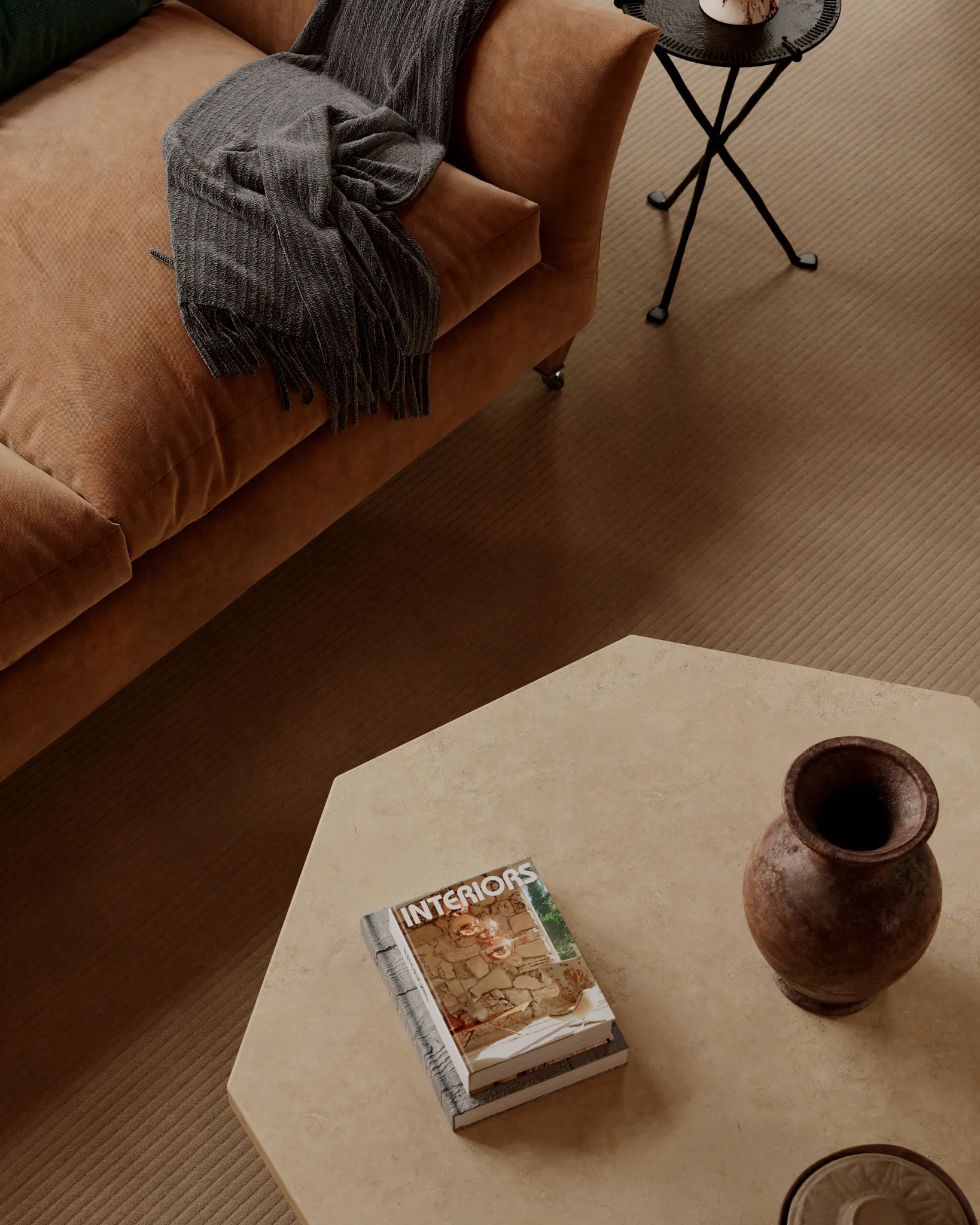 Cozy living room with brown sofa and textured flooring