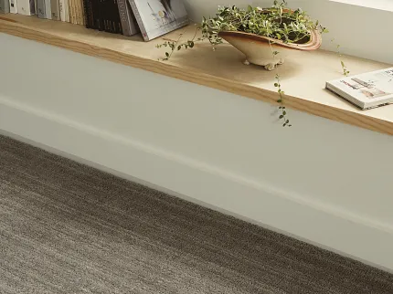 Comfortable and Durable Gray Carpet for a Homely Living Room Cozy living room with a soft, textured gray carpet, books on a wooden shelf, and a potted plant by the window