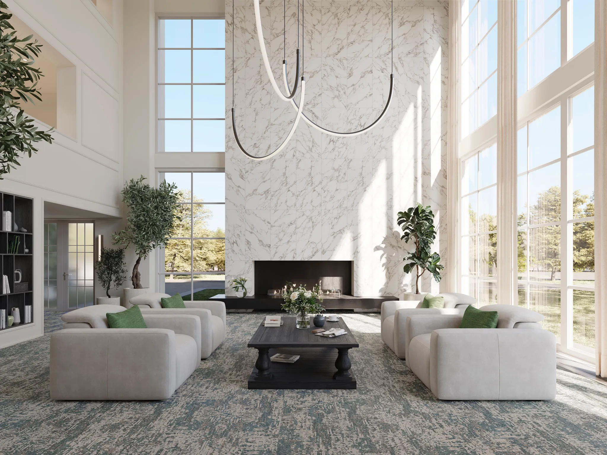 Hospitality space with green carpet tile 