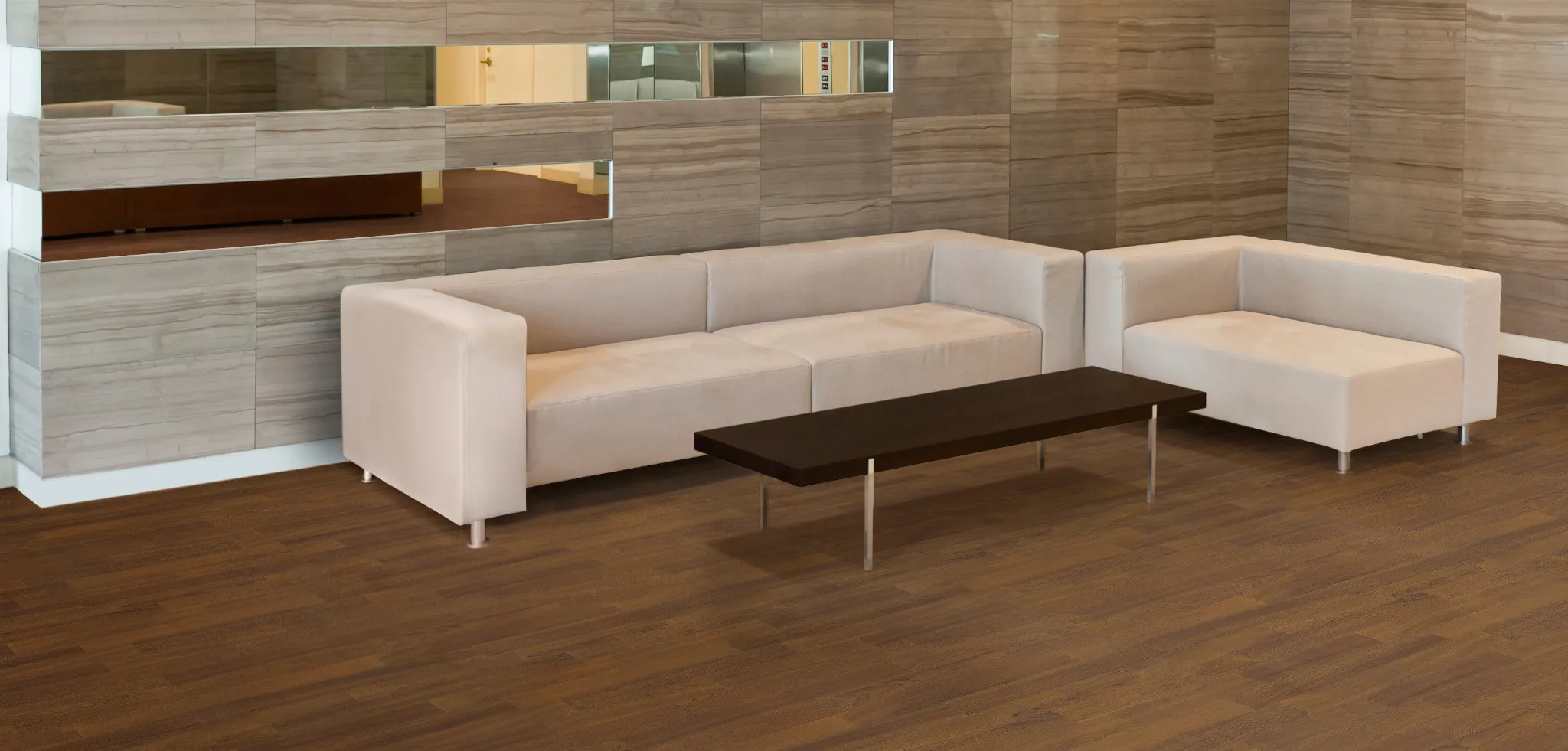 Modern lounge area with beige sectional sofas and dark wood coffee table on commercial heterogeneous sheet vinyl flooring, 75x6 ft