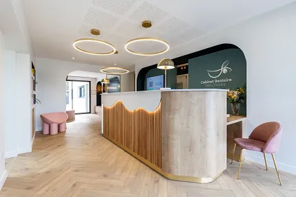 Stylish herringbone flooring in contemporary office design Modern dental office with herringbone wood flooring