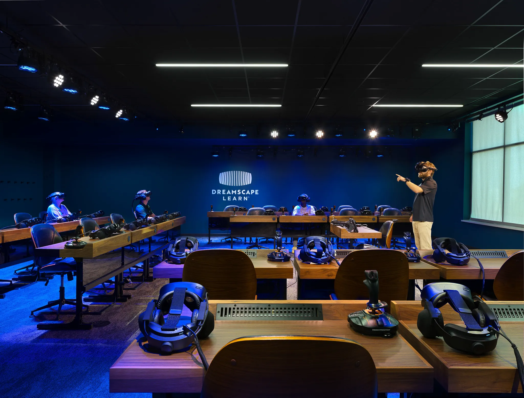 Virtual reality classroom with carpet tile flooring