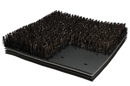 Black Artificial Turf Sample with Layered Construction Close-up of black artificial turf sample with layered construction