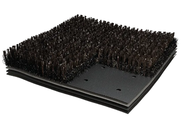 Black Artificial Turf Sample with Layered Construction Close-up of black artificial turf sample with layered construction