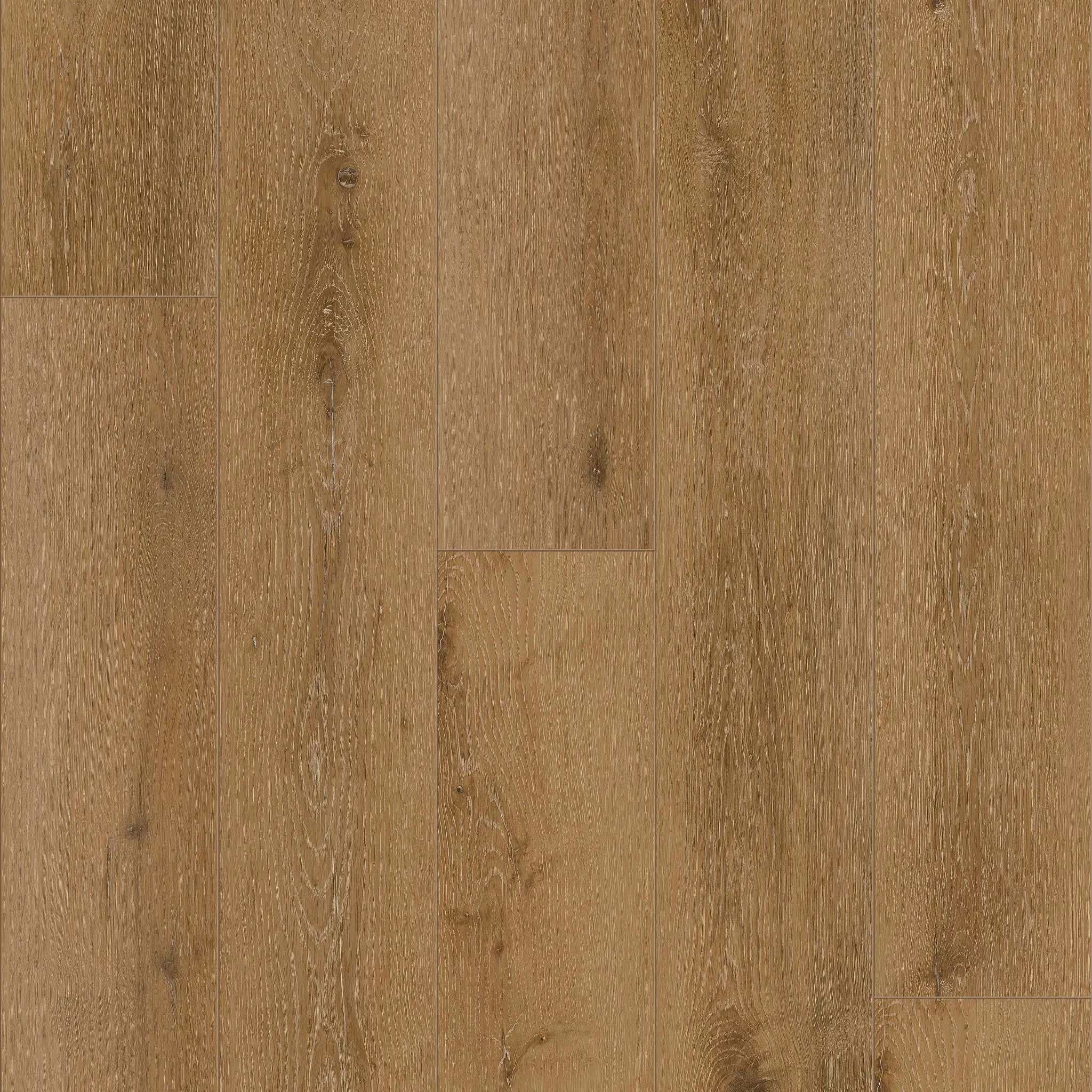 Luxury vinyl plank flooring in warm oak color with Sound Core technology