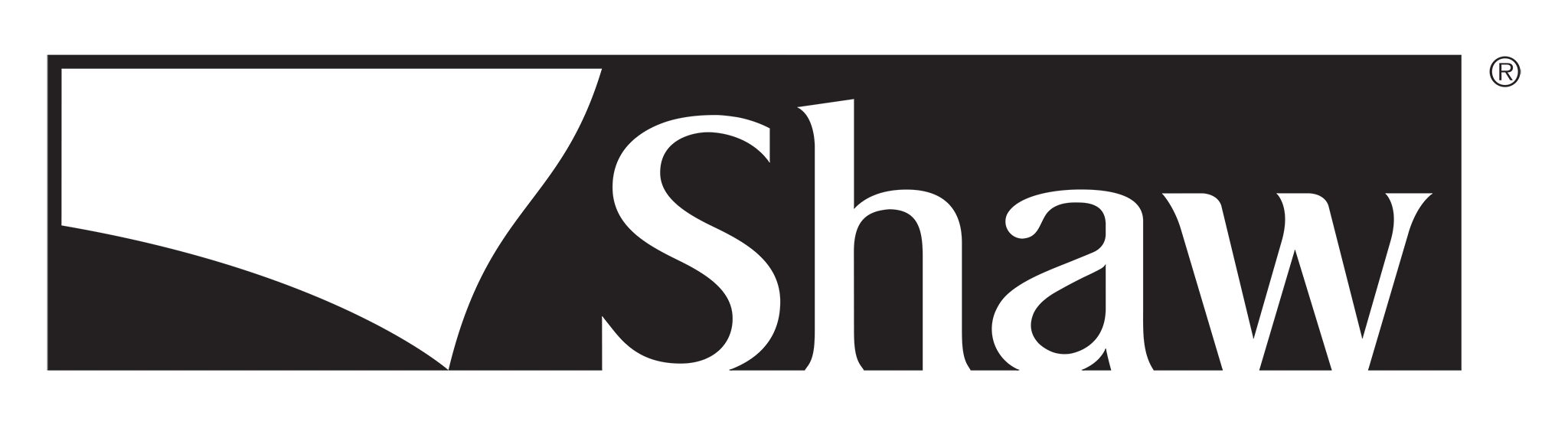 Shaw logo in black featuring abstract geometric shape and stylized company name text