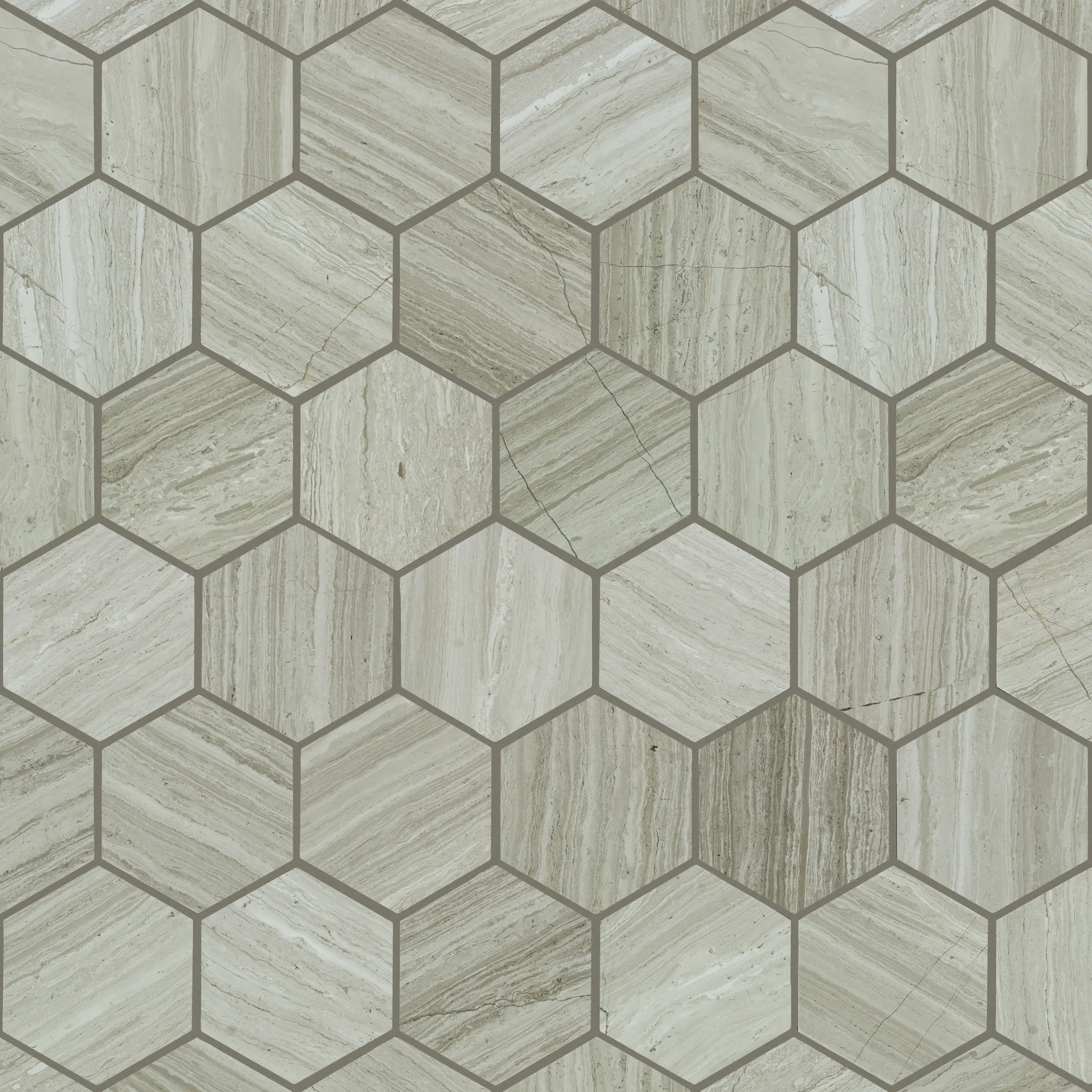 Hexagonal tile flooring in shades of gray and beige, showcasing a natural stone look for a stylish and durable home design