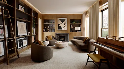 Luxurious Living Room with 100% Wool Carpet Flooring Elegant living room with 100% wool carpet flooring, featuring modern furniture and a piano