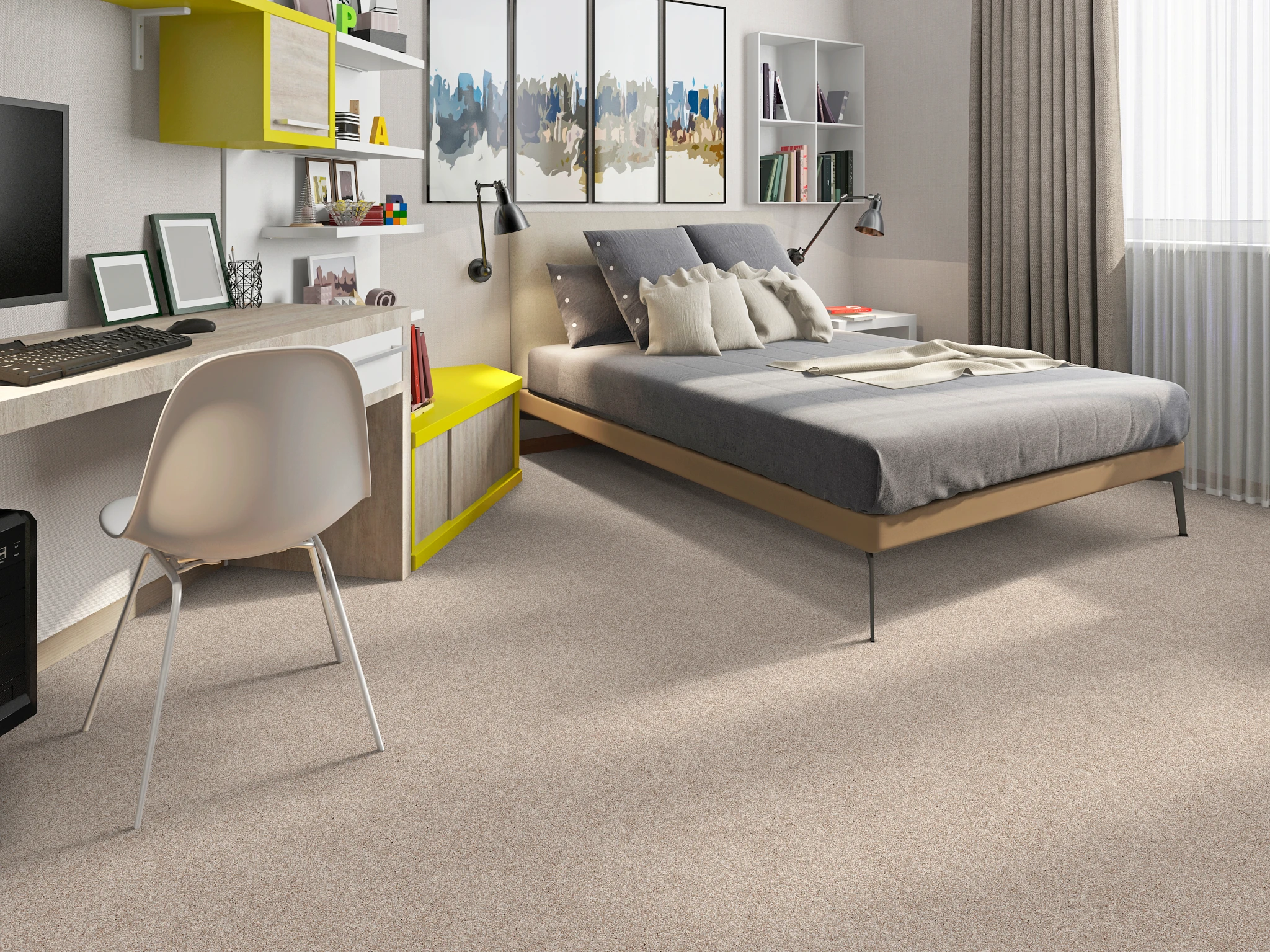 Modern bedroom with beige soft surface flooring, featuring a bed with gray bedding, a desk with a computer, and wall art