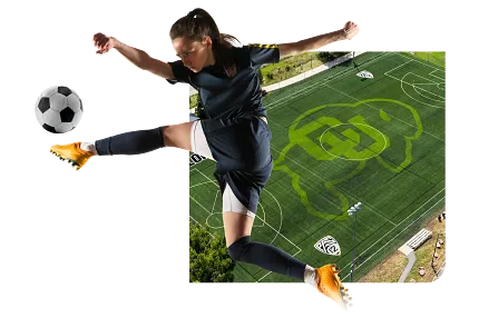 Dynamic soccer play on artificial grass field Soccer player in action on artificial turf field with sports logo