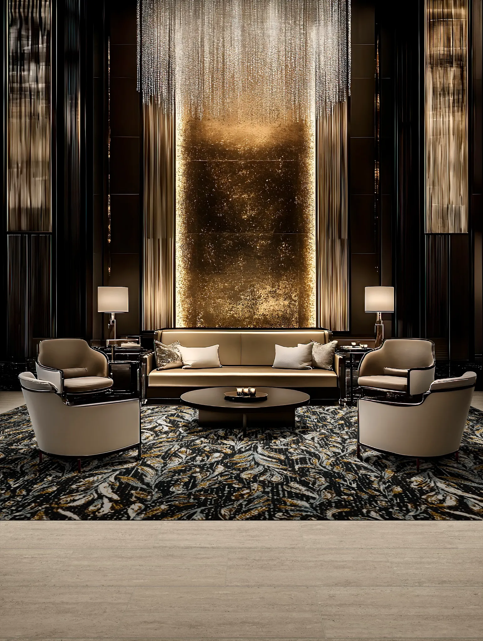 Luxurious hospitality lounge with elegant seating and patterned carpet