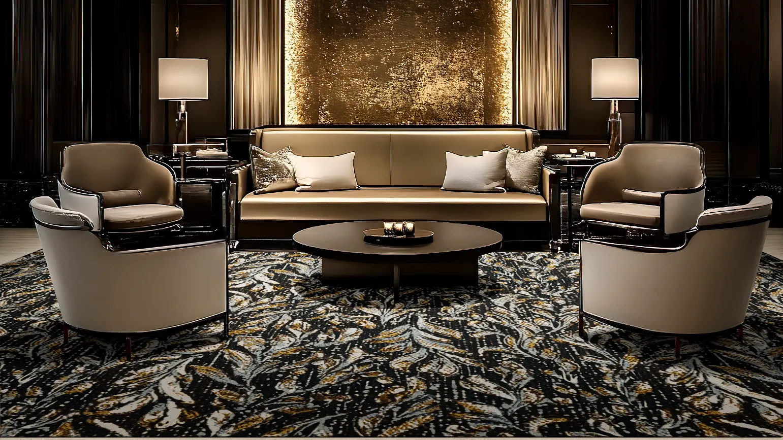 Classy living room area with seating options and a lavish rug