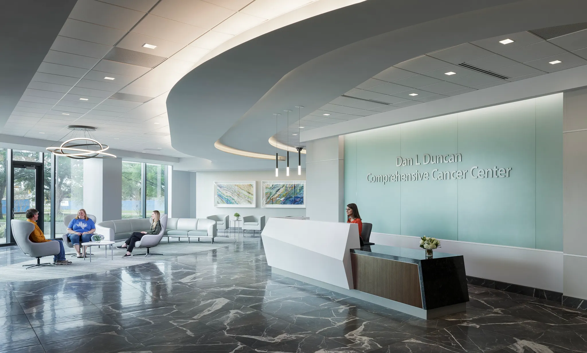 Modern healthcare facility lobby with marble flooring