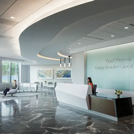 Elegant marble flooring in healthcare reception area Modern healthcare facility lobby with marble flooring