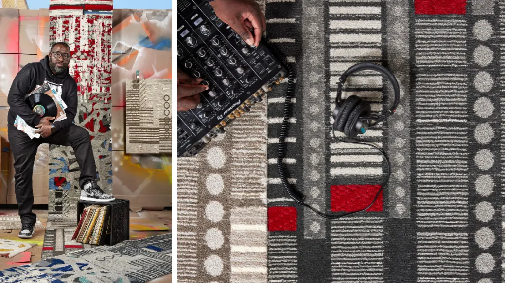 Photo of mike ford and an image of a carpet style from the Mike Ford + Shaw Contract Collaboration