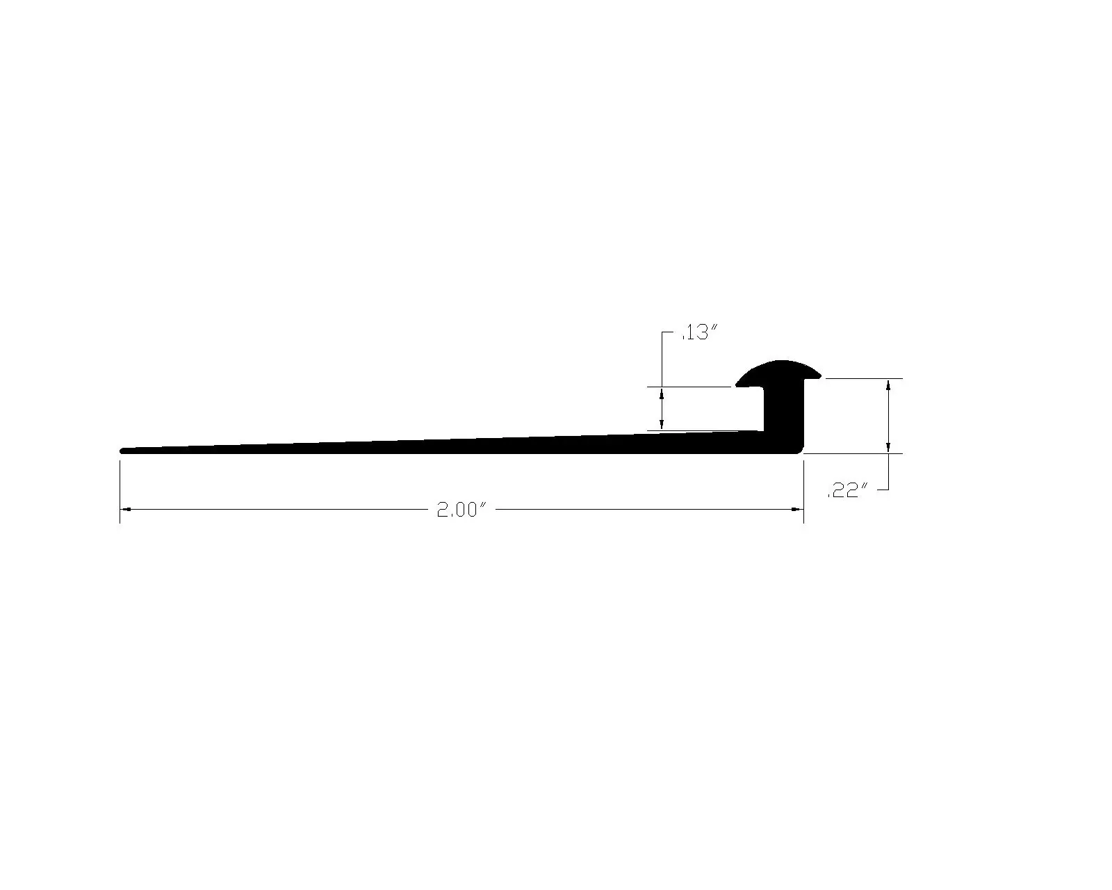 Flooring transition strip with dimensions 2.00' length, .13" height, and .22" width
