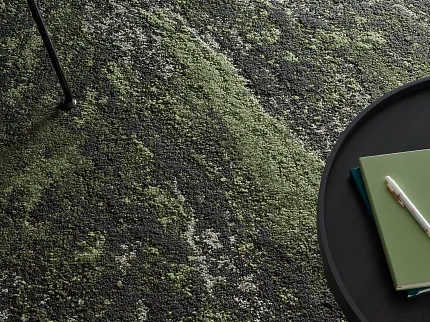 Textured Green and Black Commercial Carpet Tile in Modern Office Setting Beyond in Moss