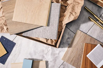 Diverse flooring options for modern interiors Assorted flooring samples including wood and tile textures