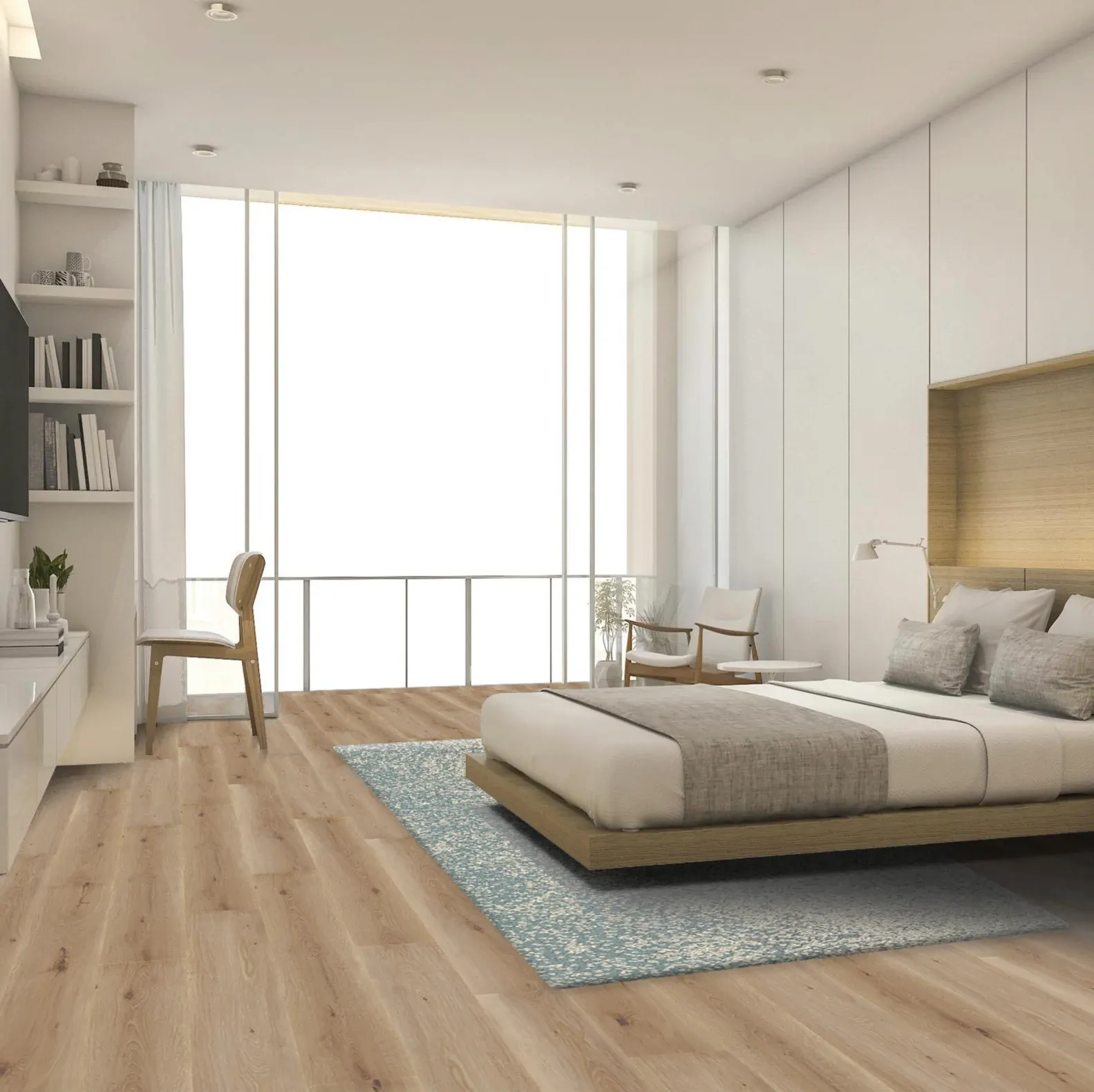 Dormitorio moderno con piso de madera clara y decoración minimalista