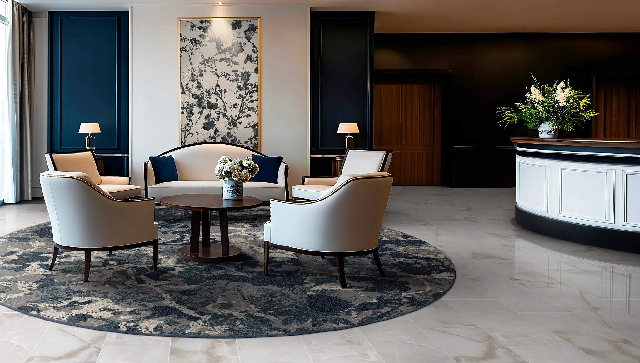 Elegant marble flooring in a sophisticated hotel lobby