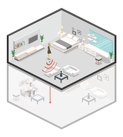 Modern Home Interior with Comfortable Bedroom and Living Room Design Illustration of a modern bedroom and living room with a woman walking, showcasing a comfortable and stylish home environment
