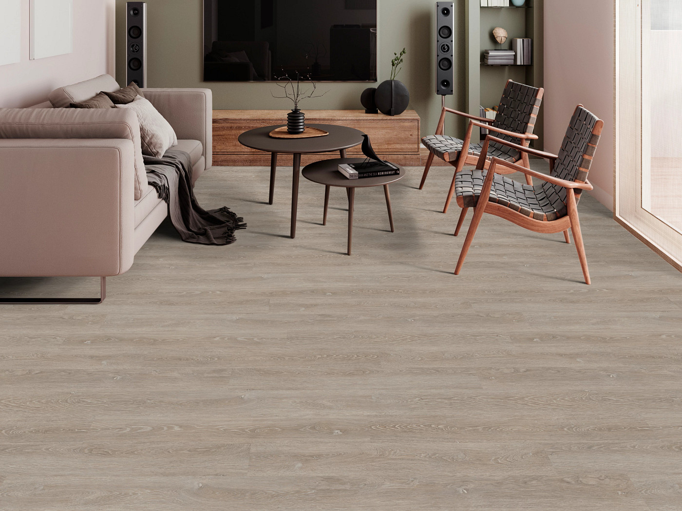 Warm Taupe flooring, shown in a room